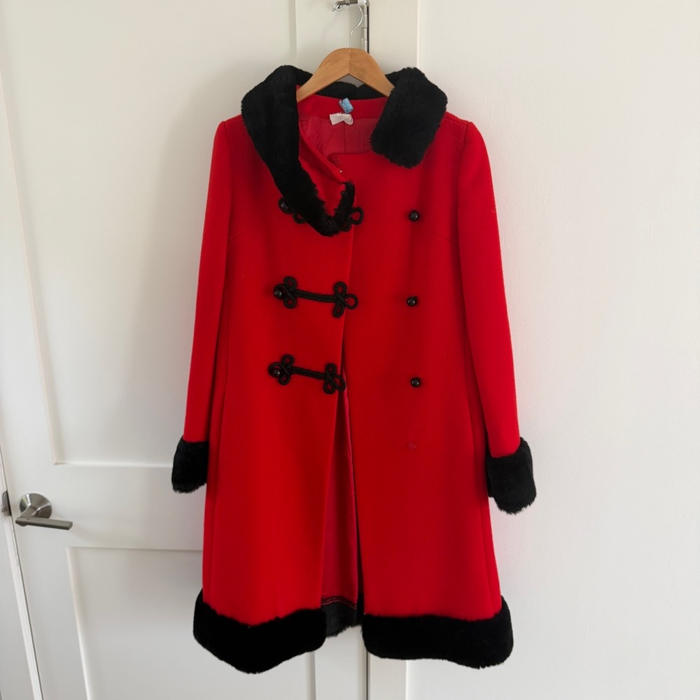 Vintage 60’s Red and Black Women's Coat with Faux Fur Details